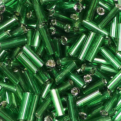 Mărgele tubulare, transparenta, cu căptușeală  argintie, 6 mm - verde inchis