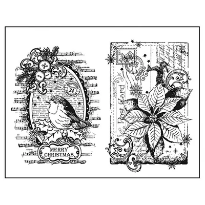 Ștampilă silicon, 14x18 cm - Robin și poinsettia