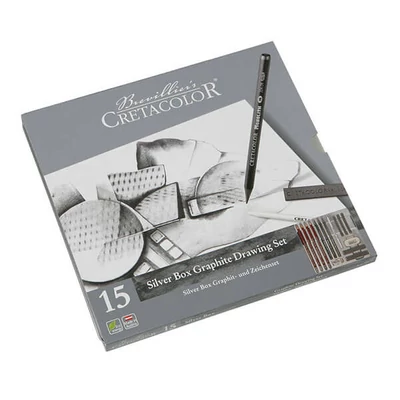 Set de desen din grafit Cretacolor Silver Box, 15 piese, cutie metalica