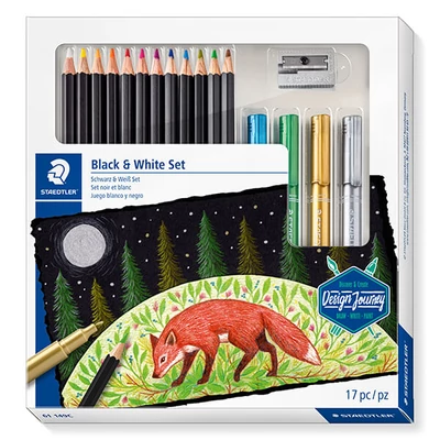 Set creioane colorate, Staedtler, Design Journey, alb-negru, cu ascuțitor, marker decor