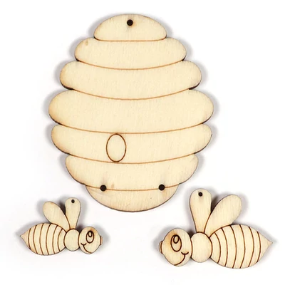 Figurine din lemn la pachet - Stup, albine, 3 buc