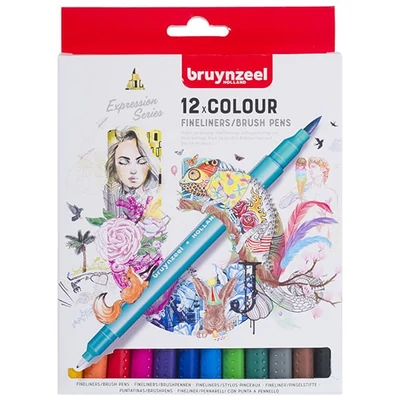 Bruynzeel Fineliner Brush pen liner cu două vârfuri   în set - 12 buc