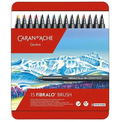 Caran d'Ache Fibralo Brush Pen markere tip pensulă  în set  - 15 buc, în cutie metalică