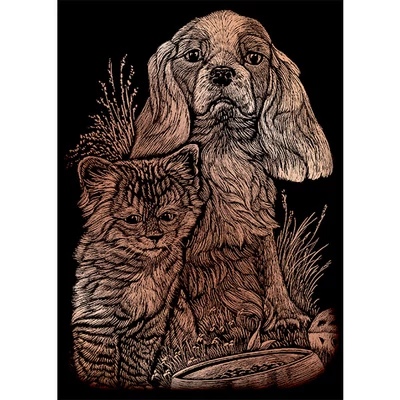 Set tablou gravură cu stilou gravură, 12x18 cm - Pisica, caine, cupru