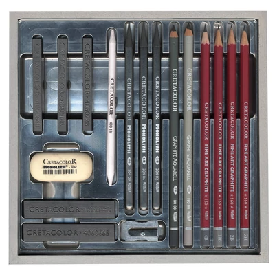 Set de desen grafit Cretacolor Silver Box, 17 buc, cutie din lemn