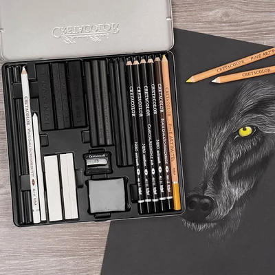 Set de desen alb-negru Cretacolor Wolf Box, 25 piese, cutie metalica