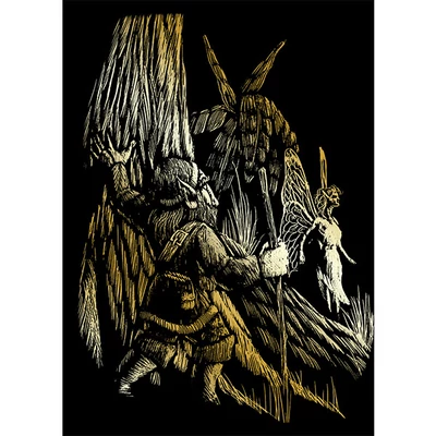 Set tablou gravură cu stilou gravură, 12x18 cm - Gnom și zână, auriu