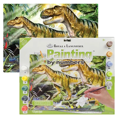 Set de colorat după numere, culori acrilice+pensulă, 29x39 cm - Dinozauri