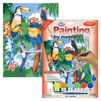 Set de colorat după numere, culori acrilice+pensulă, 22x30 cm - pasari exotice