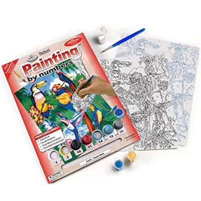 Set de colorat după numere, culori acrilice+pensulă, 22x30 cm - pasari exotice