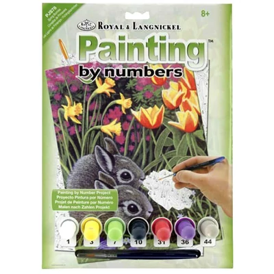 Set de colorat după numere, culori acrilice+pensulă, 22x30 cm - Iepurasi de primavara