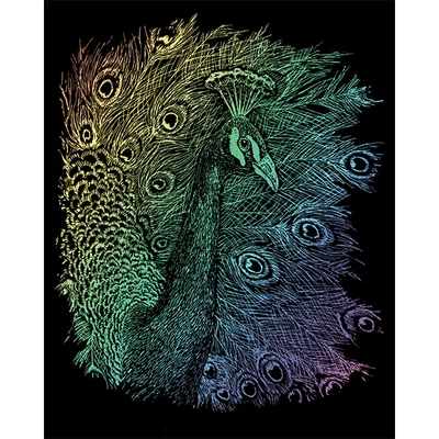 Set de gravură schiță cu pix, 20x25 cm - Păun, curcubeu
