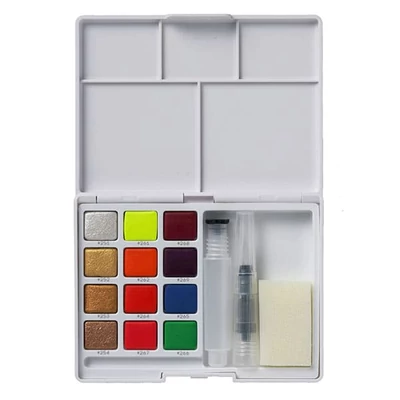 Set culori acuarelă în  recipiente Sakura Koi, 12 buc + pensulă cu rezervor de apă, culori metalice