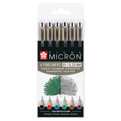 Sakura Pigma Micron 01 stilou pentru desen tehnic în set - 6 buc, Culori de bază