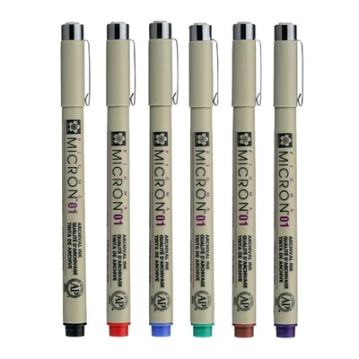 Sakura Pigma Micron 01 stilou pentru desen tehnic în set - 6 buc, Culori de bază