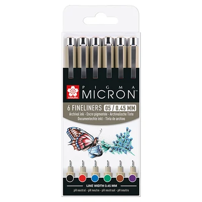 Sakura Pigma Micron 05 stilou pentru desen tehnic în set - 6 buc, Culori de bază