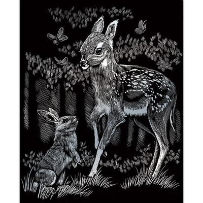 Set tablou gravură cu stilou gravură , 20x25 cm - Căprioară și iepuraș, argintiu