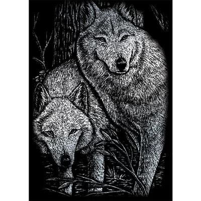 Set tablou gravură cu stilou gravură , 12x18 cm - Lupi, argintiu
