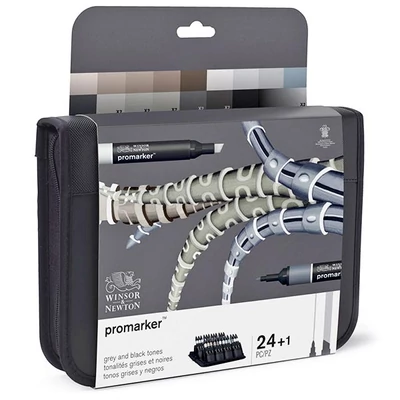 Set markere cu alcool cu două vârfuri - 24+1 buc, black &amp; grey wallet