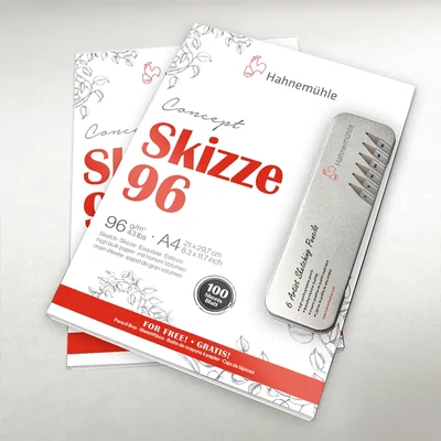 Hahnemühle Concept Skizze 96 bloc pentru schițe, 96 g, 100 coli, A4 - 2 buc. + 6 creioane grafit în cutie metalică