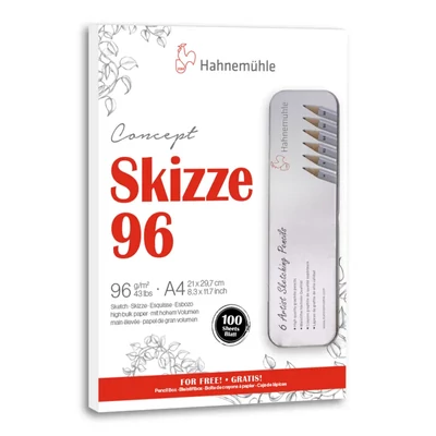 Hahnemühle Concept Skizze 96 bloc pentru schițe, 96 g, 100 coli, A4 - 2 buc. + 6 creioane grafit în cutie metalică