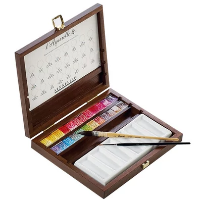 Set Culori acuarelă  Sennelier - 24x recipient de 1/2 + accesorii, cutie din lemn