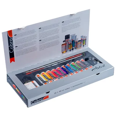 Set de vopsele pe bază de apă Talens Cobra, 10x40 ml + 1x75 ml + accesorii
