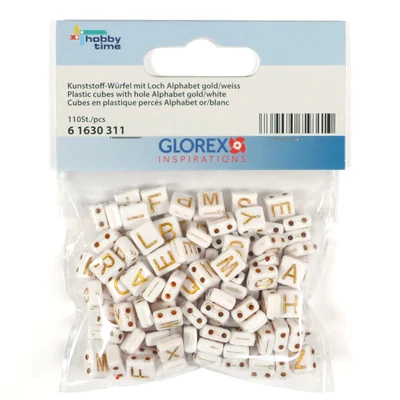 Mărgele litere din plastic, 7x8 mm - alb-aurie, două găuri