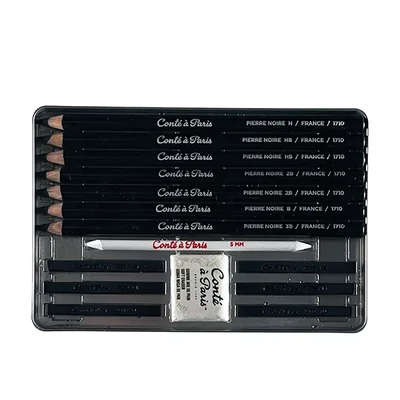 Set creioane și cărbune Conté pentru schițat - Pierre  Noire set, 15 piese, într-o cutie metalică