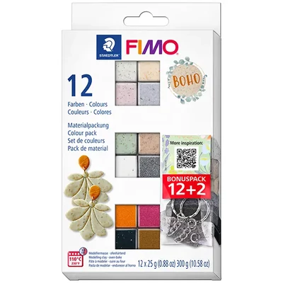 Set Plastilină care se întărește la coacere  FIMO Effect Color Pack, 12x25 g - Boho, cu inele pentru chei