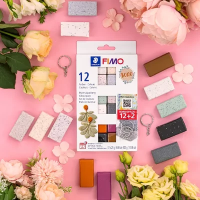 Set Plastilină care se întărește la coacere  FIMO Effect Color Pack, 12x25 g - Boho, cu inele pentru chei
