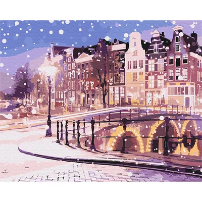 Pictură pe numere, pe pânză întinsă, 40x50 cm - O poveste despre Amsterdam în timpul iernii