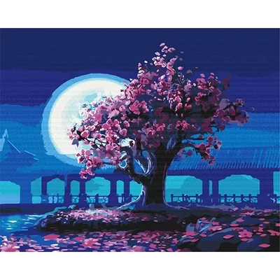 Pictură pe numere, pe pânză întinsă, 40x50 cm - Cireșii înfloriți în lumina lunii
