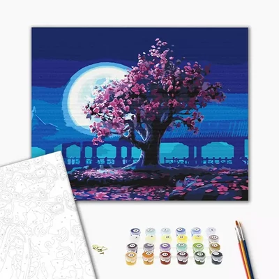 Pictură pe numere, pe pânză întinsă, 40x50 cm - Cireșii înfloriți în lumina lunii
