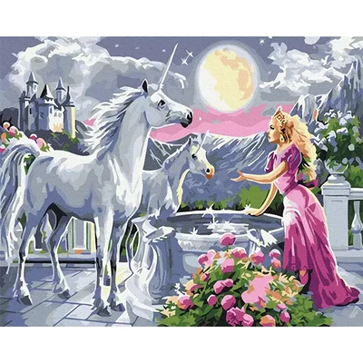 Pictură pe numere, pe pânză întinsă, 40x50 cm - Prințesa și unicornii