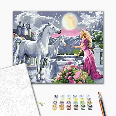 Pictură pe numere, pe pânză întinsă, 40x50 cm - Prințesa și unicornii