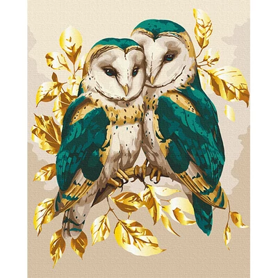 Set pictură pe numere, pe pânză întinsă, 40x50 cm - Bufnițe smarald în culori metalice