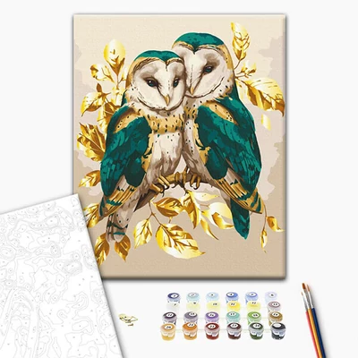 Set pictură pe numere, pe pânză întinsă, 40x50 cm - Bufnițe smarald în culori metalice