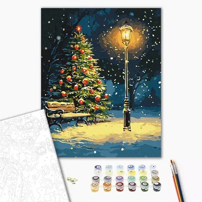 Pictură pe numere, pe pânză întinsă, 40x50 cm - Fulgi de zăpadă dansând în noapte