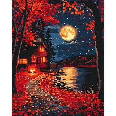 Pictură pe numere, pe pânză întinsă, 40x50 cm - Frunze roșii