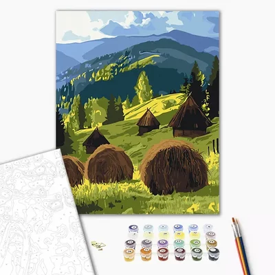 Pictură pe numere, pe pânză întinsă, 40x50 cm - Soarele peste pășunea montană