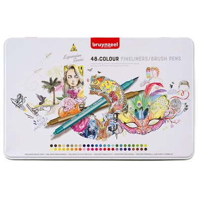 Bruynzeel Fineliner Brush pen marker cu două vârfuri   în set - 48 buc, în cutie metalcă