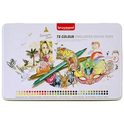 Bruynzeel Fineliner Brush pen marker cu două vârfuri   în set - 72 buc, în cutie metalcă
