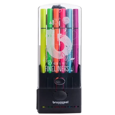 Bruynzeel Fineliner set de stilouri cu ac de pâslă în suport de plastic - 12 bucăți, culori neon și pastelate