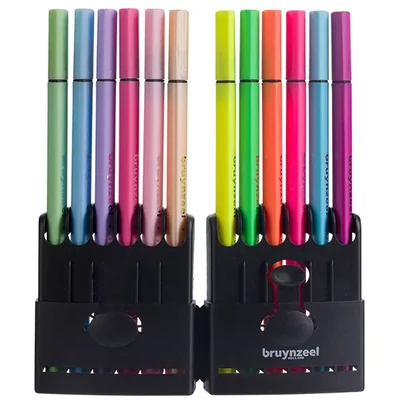 Bruynzeel Fineliner set de stilouri cu ac de pâslă în suport de plastic - 12 bucăți, culori neon și pastelate