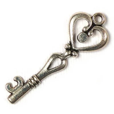 Charm, ornament metalic, 3 buc - cheie, inimă, 3D