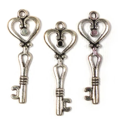 Charm, ornament metalic, 3 buc - cheie, inimă, 3D
