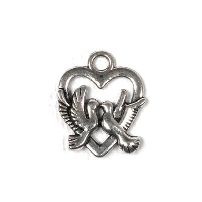 Charm, ornament metalic, 3 buc - inima cu o pereche de porumbei, 3D
