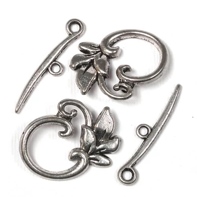 Charm, ornament metalic, 2 perechi - clemă în T, frunze, culoare argintie