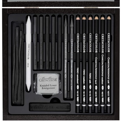 Set de desen cu cărbune Cretacolor Black Box - 20 buc, cutie din lemn